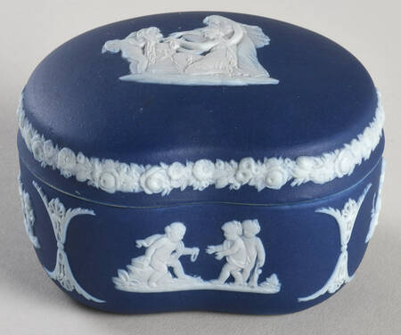 Cream Color on Wedgwood Blue Jasperware Bean Box & Lid
