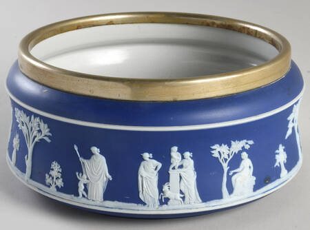 Cream Color on Wedgwood Blue Jasperware 9" Salad Serving Bowl w/Metal Rim by Wedgwood