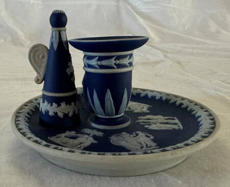 Cream Color on Wedgwood Blue Jasperware 2" Winster Candlestick & Candle Snuffer Set