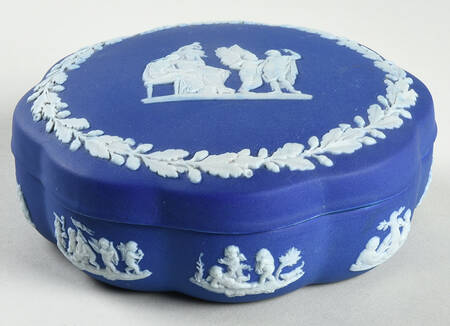 Cream Color on Wedgwood Blue Jasperware Large Scalloped Candy Box & Lid