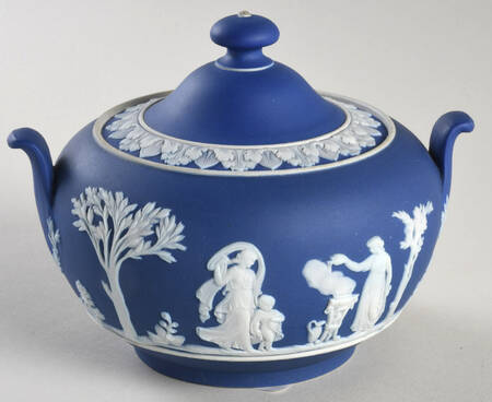 Cream Color on Wedgwood Blue Jasperware Sugar Bowl & Lid