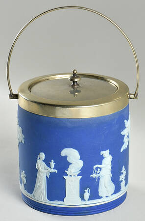 Cream Color on Wedgwood Blue Jasperware Biscuit Barrel & Lid