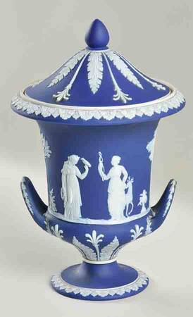 Cream Color on Wedgwood Blue Jasperware 11" Campana Vase & Lid