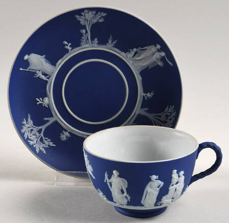 Cream Color on Wedgwood Blue Jasperware Footed Cup & Saucer Set