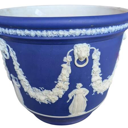 Cream Color on Wedgwood Blue Jasperware 9" Jardiniere