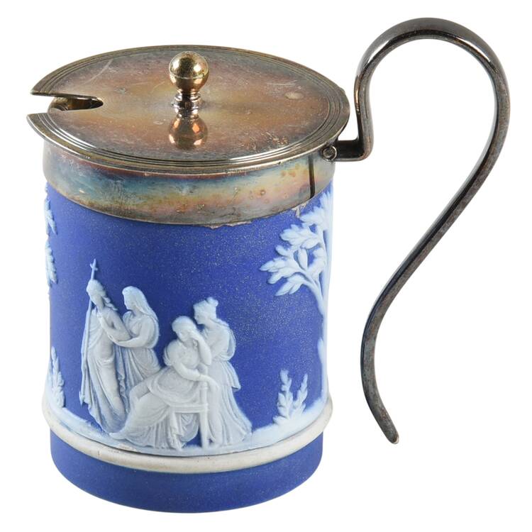 Cream Color on Wedgwood Blue Jasperware Mustard Jar with Hinged Metal Lid
