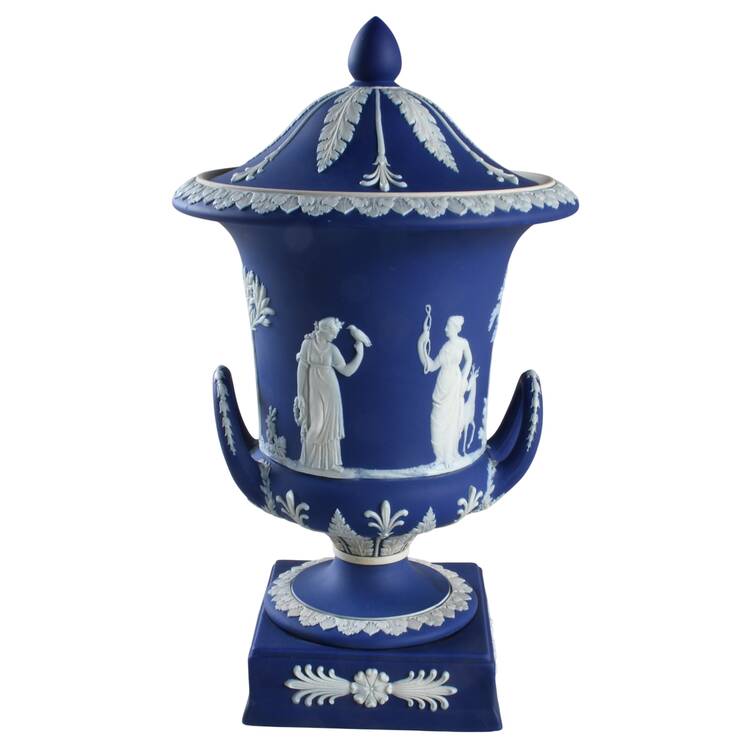 Cream Color on Wedgwood Blue Jasperware Vase/Urn with Lid