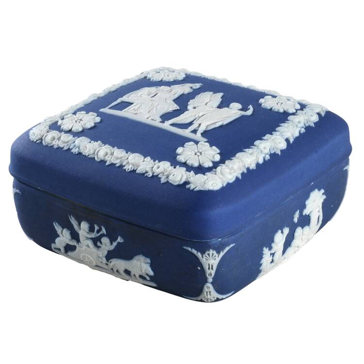 Cream Color on Wedgwood Blue Jasperware Square Box with Lid by Wedgwood