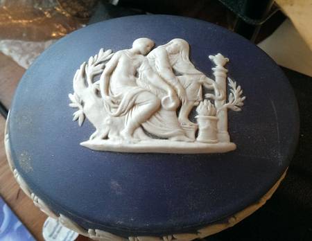 Cream Color on Wedgwood Blue Jasperware Oval Apollo Box & Lid