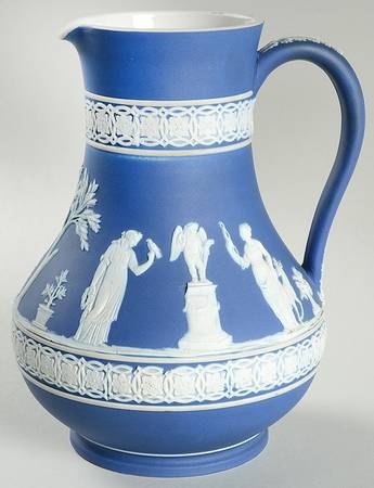 Cream Color on Wedgwood Blue Jasperware 8" Etruscan Jug