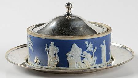 Cream Color on Wedgwood Blue Jasperware Round Covered Butter W/Metal Lid & Underplate