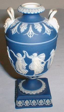 Cream Color on Wedgwood Blue Jasperware 5" Urn No Lid
