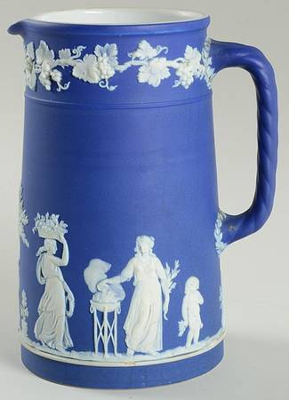 Cream Color on Wedgwood Blue Jasperware 7" Large Trojan Jug