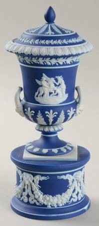 Cream Color on Wedgwood Blue Jasperware 7" Campana Vase on Drum & Lid