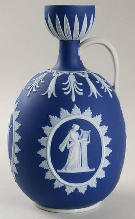 Cream Color on Wedgwood Blue Jasperware 8" Handled Vase
