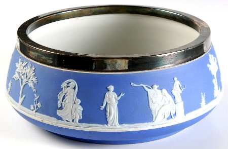 Cream Color on Wedgwood Blue Jasperware 8" Salad Serving Bowl W/Metal Rim