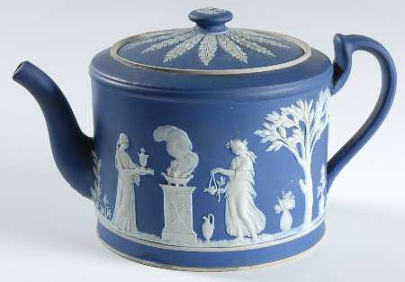 Cream Color on Wedgwood Blue Jasperware Brewster Teapot & Lid