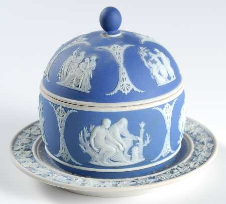 Cream Color on Wedgwood Blue Jasperware Mustard with Lid & Attached Underplate