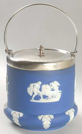 Cream Color on Wedgwood Blue Jasperware Biscuit Barrel & Lid