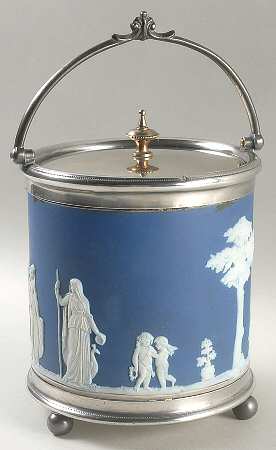 Cream Color on Wedgwood Blue Jasperware Biscuit Barrel & Lid
