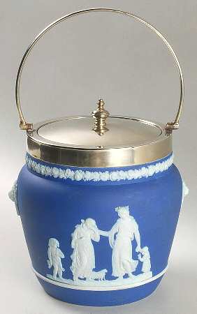 Cream Color on Wedgwood Blue Jasperware Biscuit Barrel & Lid