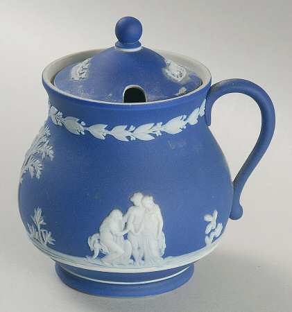 Cream Color on Wedgwood Blue Jasperware Imperial Mustard Jar & Lid