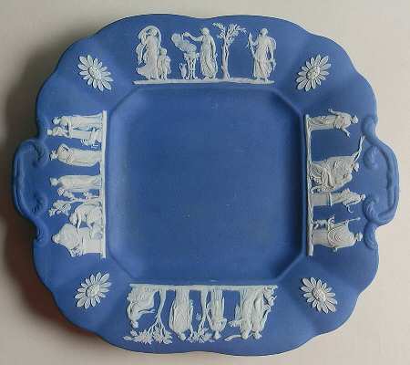 Cream Color on Wedgwood Blue Jasperware Square Handled Cake Plate