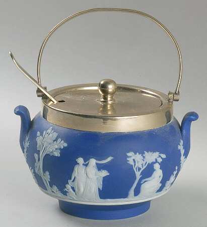 Cream Color on Wedgwood Blue Jasperware Sugar W/Metal Handle, Lid & Spoon