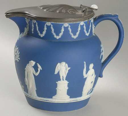 Cream Color on Wedgwood Blue Jasperware 40 Oz Sacrifice Dutch Jug with Metal Lid