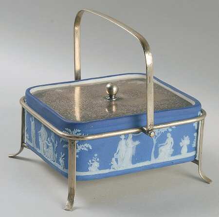Cream Color on Wedgwood Blue Jasperware Sardine Box & Metal Lid W/Stand