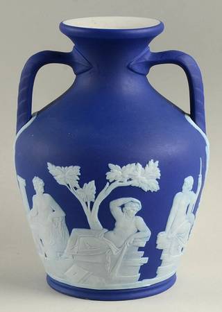 Cream Color on Wedgwood Blue Jasperware Two Handled Portland Vase