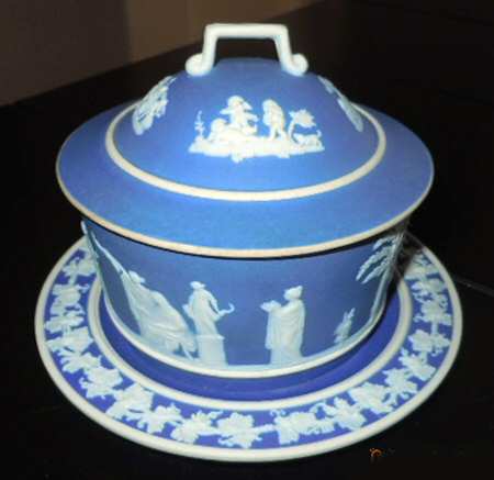 Cream Color on Wedgwood Blue Jasperware Covered Butter Lugger & Underplate
