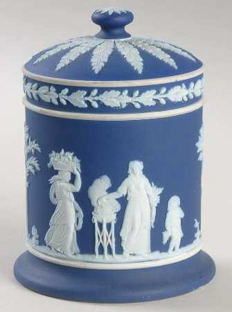 Cream Color on Wedgwood Blue Jasperware Olympus Jar & Lid