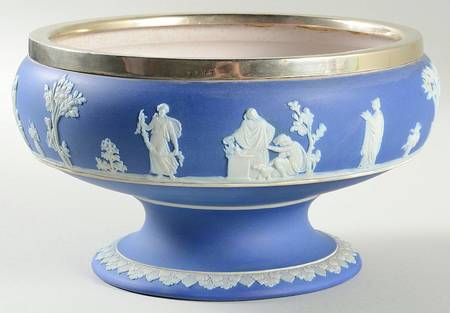 Cream Color on Wedgwood Blue Jasperware 8" Round Footed Imperial Bowl w/Silverplate Band