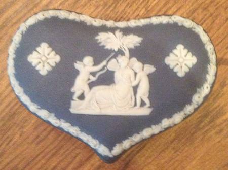 Cream Color on Wedgwood Blue Jasperware Heart Shape Box & Lid