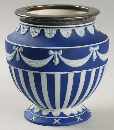Cream Color on Wedgwood Blue Jasperware 6" Vase with Silverplate Collar