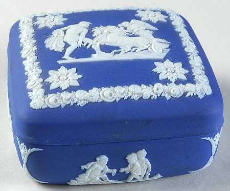 Cream Color on Wedgwood Blue Jasperware Square Box with Lid