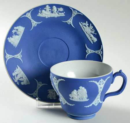 Cream Color on Wedgwood Blue Jasperware Flat Cup & Saucer Set