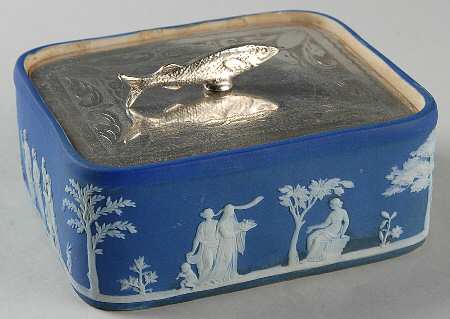 Cream Color on Wedgwood Blue Jasperware Sardine Box & Metal Lid