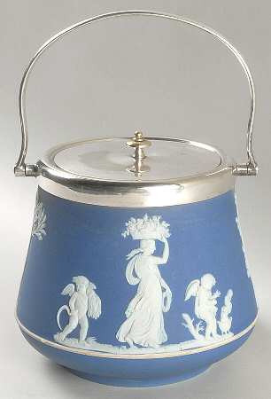 Cream Color on Wedgwood Blue Jasperware Biscuit Barrel & Lid