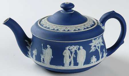 Cream Color on Wedgwood Blue Jasperware Individual Teapot & Lid