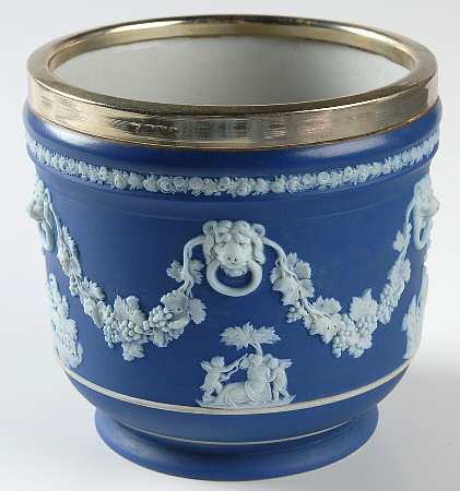 Cream Color on Wedgwood Blue Jasperware 4" Jardiniere
