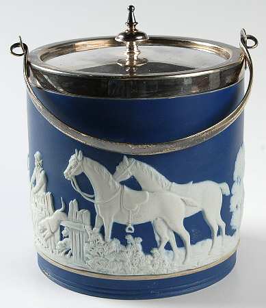 Cream Color on Wedgwood Blue Jasperware Biscuit Barrel & Lid