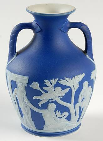 Cream Color on Wedgwood Blue Jasperware 4" Two Handles Portland Vase