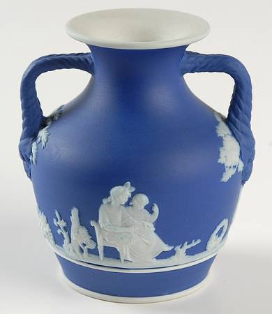 Cream Color on Wedgwood Blue Jasperware 3" Two Handle Portland Vase