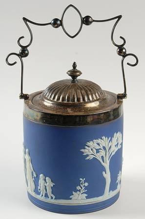 Cream Color on Wedgwood Blue Jasperware Biscuit Barrel & Lid