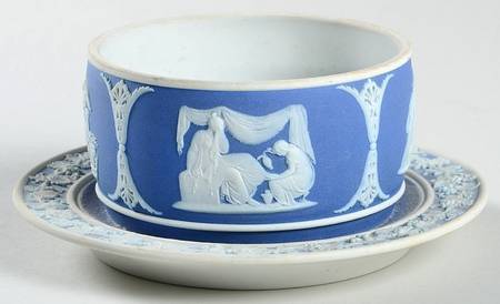 Cream Color on Wedgwood Blue Jasperware Mustard with Attached Underplate No Lid