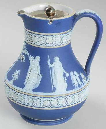 Cream Color on Wedgwood Blue Jasperware 6" Etruscan Jug & Metal Lid