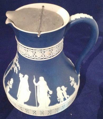Cream Color on Wedgwood Blue Jasperware 7" Etruscan Jug & Metal Lid