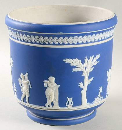 Cream Color on Wedgwood Blue Jasperware 6" Jardiniere